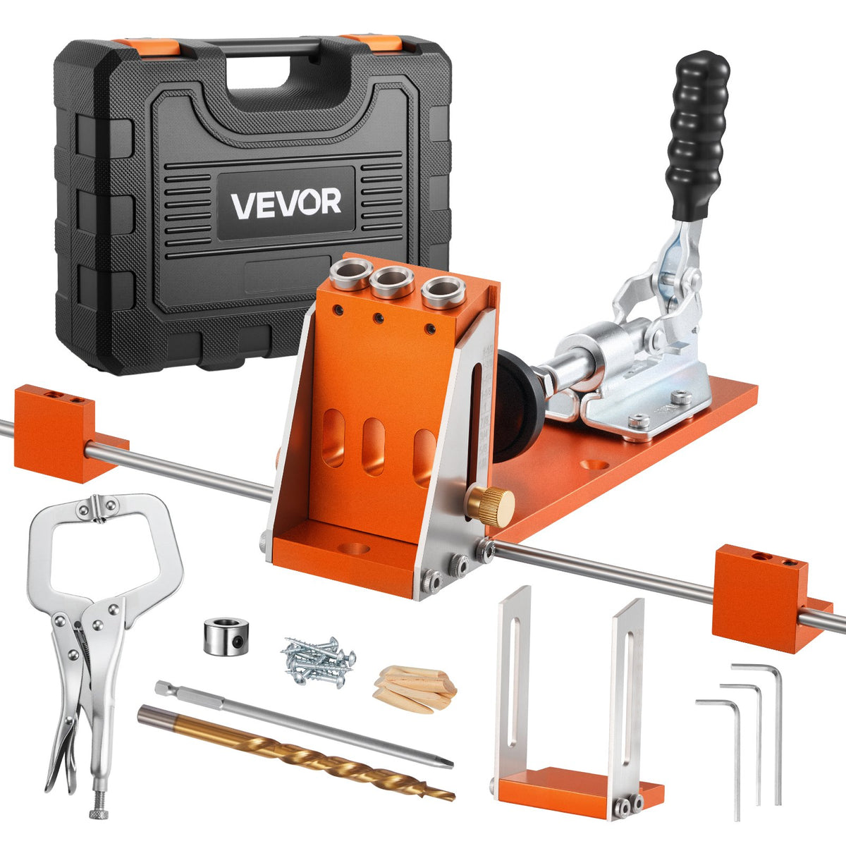 VEVOR Adjustable Pocket Hole Jig Kit for Woodworking, 12.7–38.1 mm, with Carrying Case, C-Clamp, Step Drill, Hex Key, Depth Ring, Square Drive and Reinforced Metal Frame