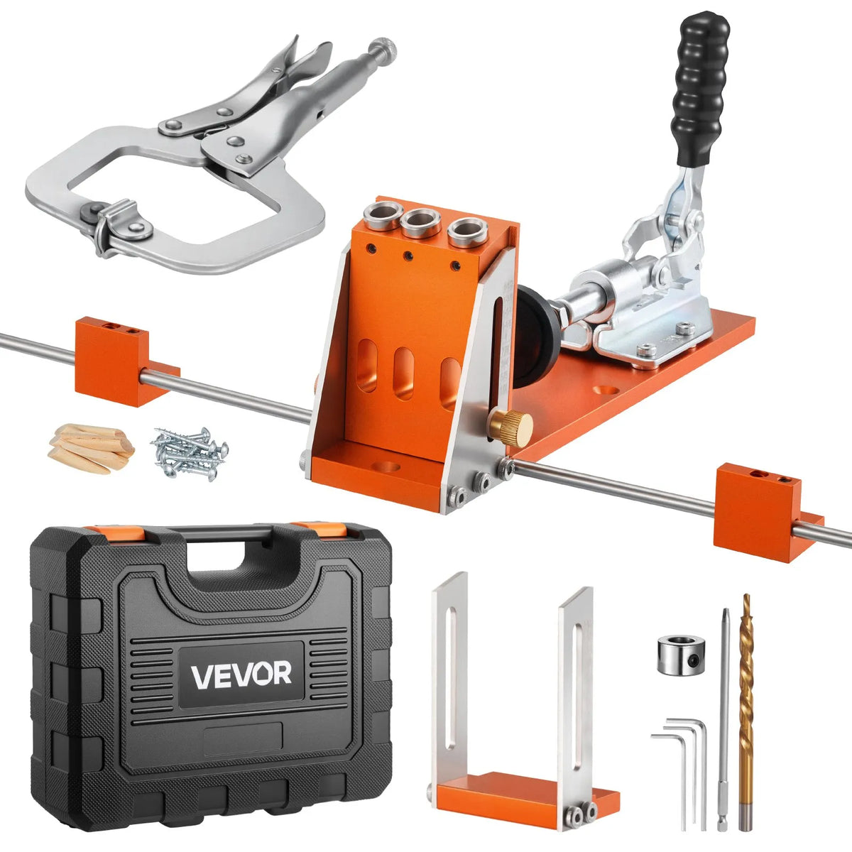 VEVOR Adjustable Pocket Hole Jig Kit for Woodworking, 12.7–38.1 mm, with Carrying Case, C-Clamp, Step Drill, Hex Key, Depth Ring, Square Drive and Reinforced Metal Frame