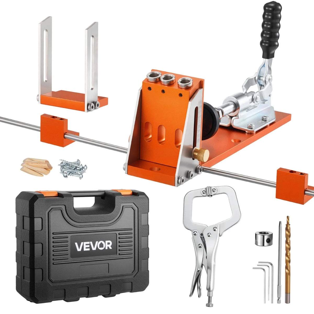 VEVOR Adjustable Pocket Hole Jig Kit for Woodworking, 12.7–38.1 mm, with Carrying Case, C-Clamp, Step Drill, Hex Key, Depth Ring, Square Drive and Reinforced Metal Frame