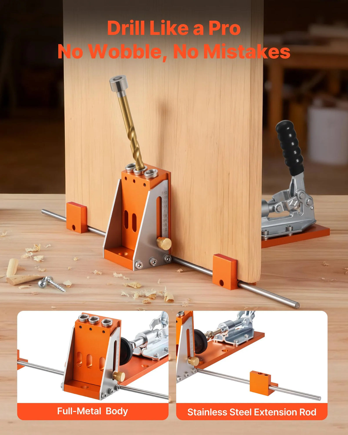 VEVOR Adjustable Pocket Hole Jig Kit for Woodworking, 12.7–38.1 mm, with Carrying Case, C-Clamp, Step Drill, Hex Key, Depth Ring, Square Drive and Reinforced Metal Frame