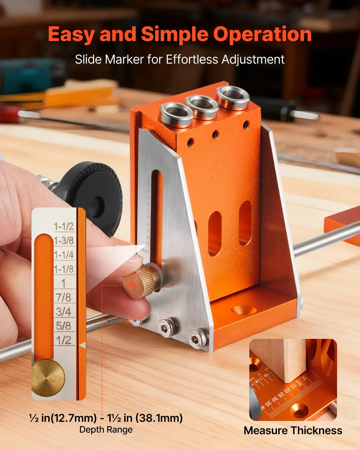 VEVOR Adjustable Pocket Hole Jig Kit for Woodworking, 12.7–38.1 mm, with Carrying Case, C-Clamp, Step Drill, Hex Key, Depth Ring, Square Drive and Reinforced Metal Frame