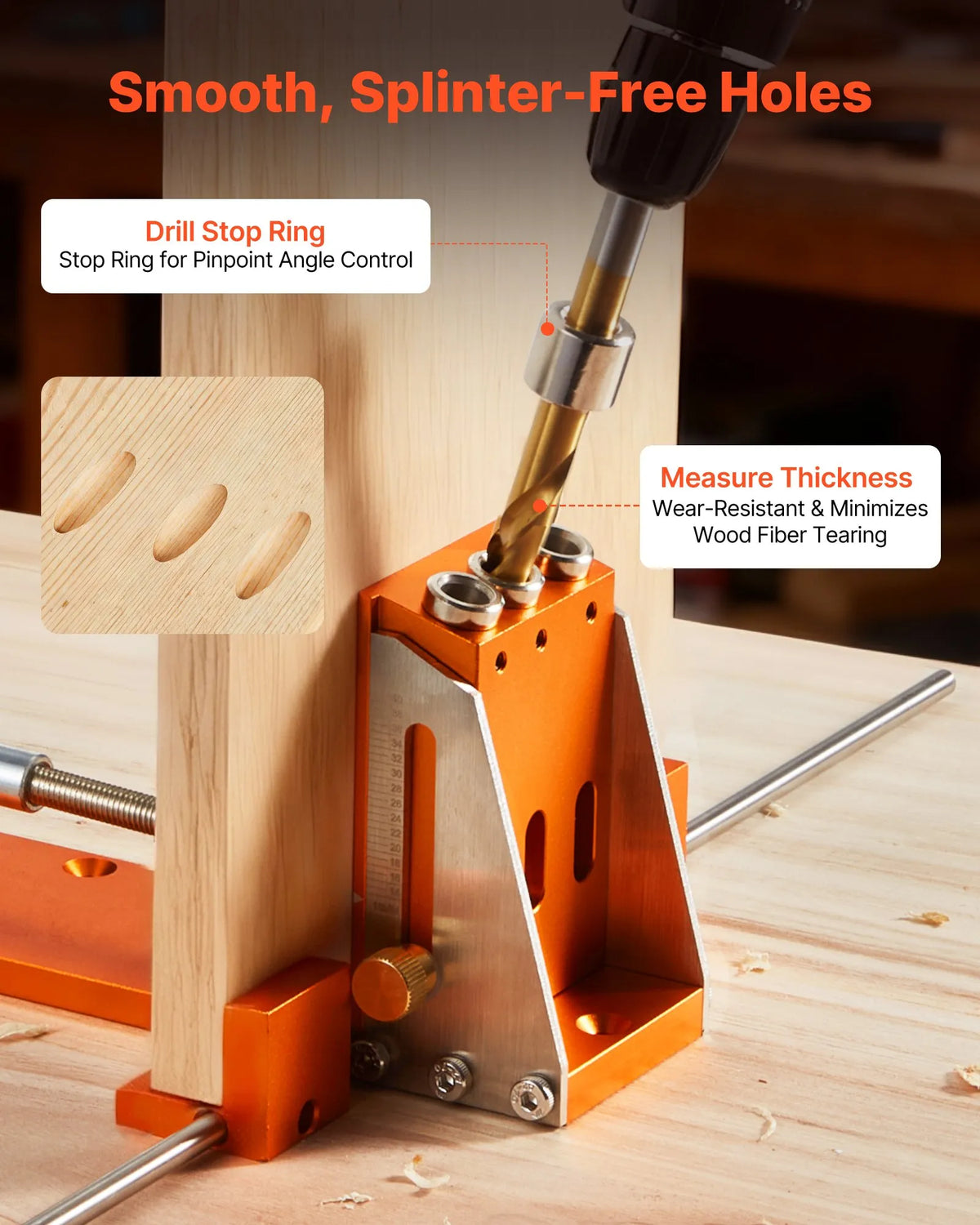 VEVOR Adjustable Pocket Hole Jig Kit for Woodworking, 12.7–38.1 mm, with Carrying Case, C-Clamp, Step Drill, Hex Key, Depth Ring, Square Drive and Reinforced Metal Frame