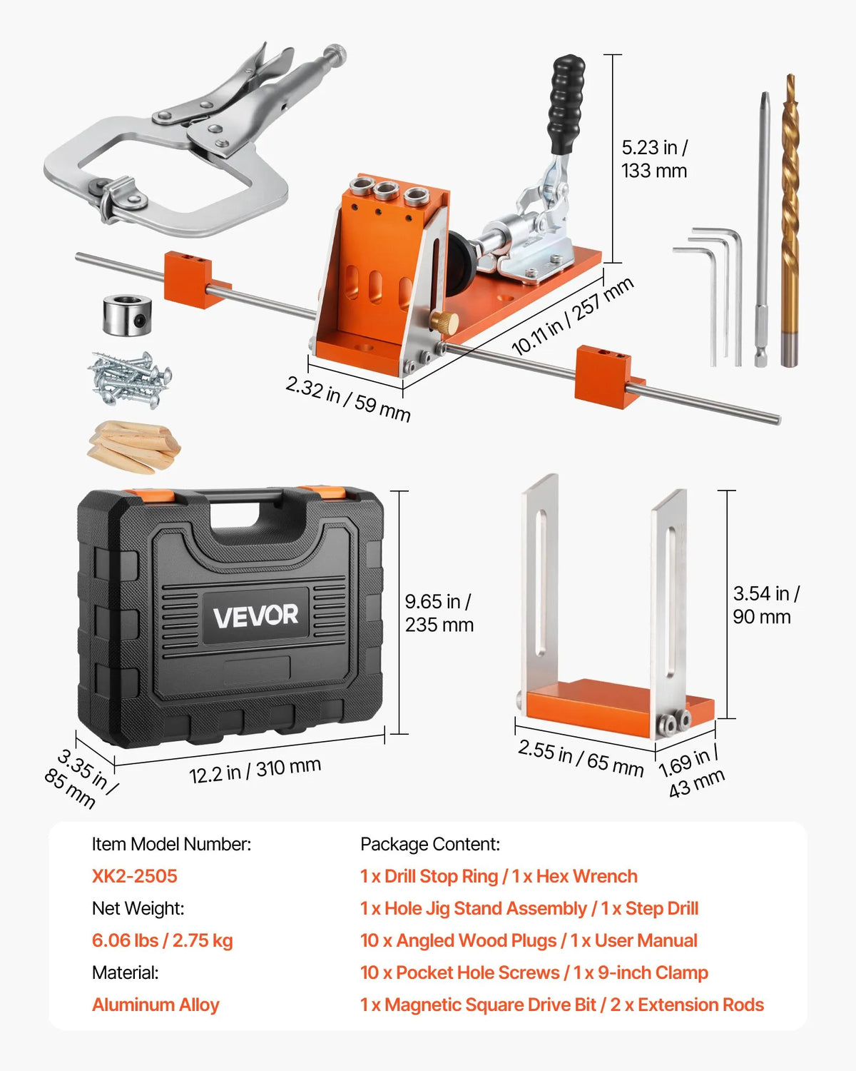 VEVOR Adjustable Pocket Hole Jig Kit for Woodworking, 12.7–38.1 mm, with Carrying Case, C-Clamp, Step Drill, Hex Key, Depth Ring, Square Drive and Reinforced Metal Frame