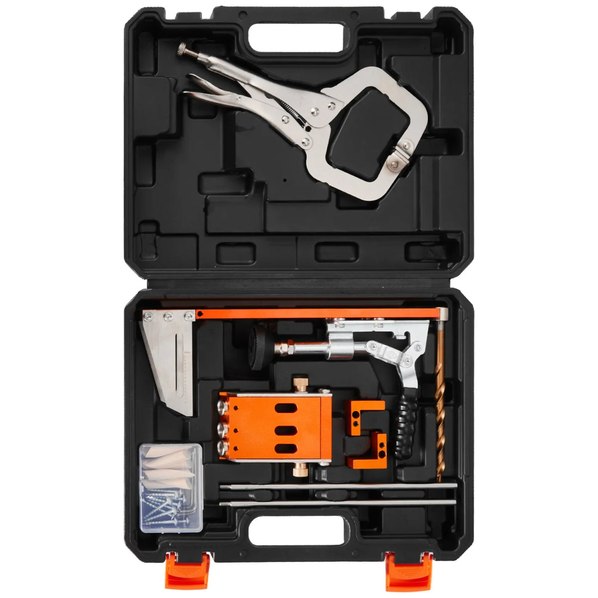 VEVOR Adjustable Pocket Hole Jig Kit for Woodworking, 12.7–38.1 mm, with Carrying Case, C-Clamp, Step Drill, Hex Key, Depth Ring, Square Drive and Reinforced Metal Frame