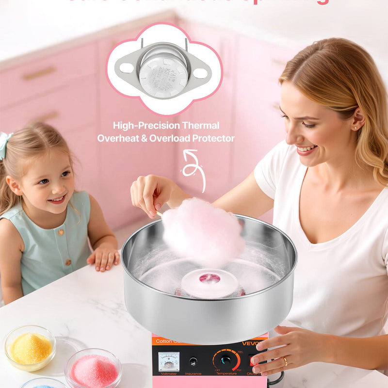 Vates mašīna 1000 W, elektriskā, ar 38 cm nerūsējošā tērauda bļodu un cukura kausiņu, piemērota komerciālai lietošanai, dzimšanas dienām un ģimenes svinībām, rozā