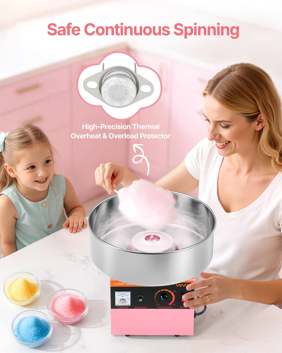 Dough Mixer 1000 W, Electric, with 38 cm Stainless Steel Bowl and Sugar Caster, Suitable for Commercial Use, Birthdays and Family Celebrations, Pink