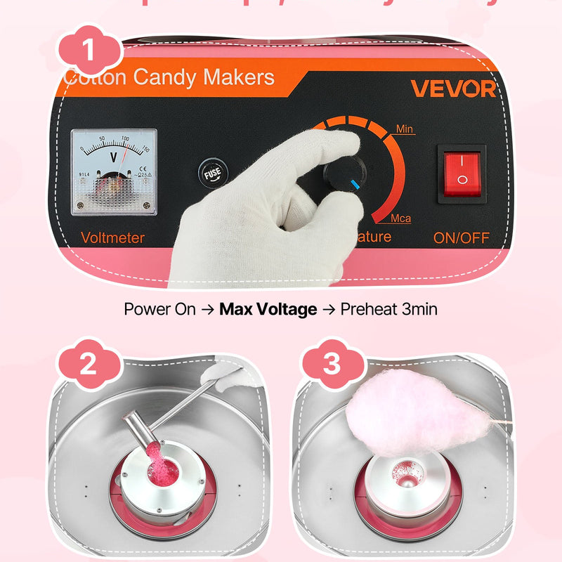 Vates mašīna 1000 W, elektriskā, ar 38 cm nerūsējošā tērauda bļodu un cukura kausiņu, piemērota komerciālai lietošanai, dzimšanas dienām un ģimenes svinībām, rozā