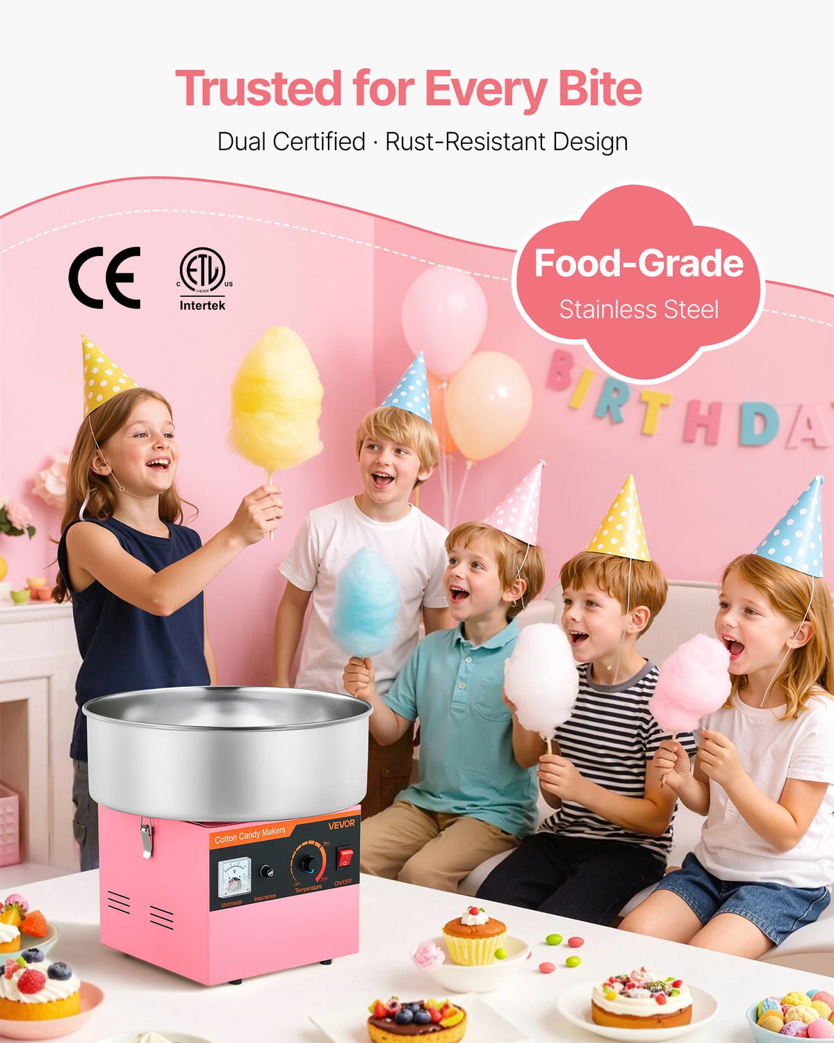Dough Mixer 1000 W, Electric, with 38 cm Stainless Steel Bowl and Sugar Caster, Suitable for Commercial Use, Birthdays and Family Celebrations, Pink