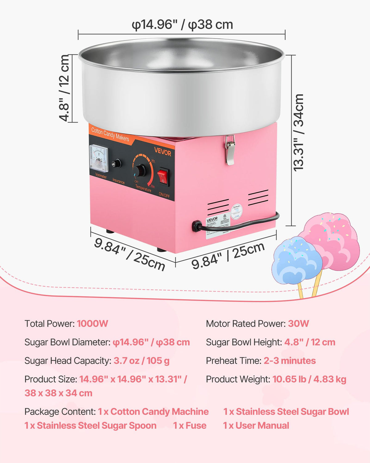 Dough Mixer 1000 W, Electric, with 38 cm Stainless Steel Bowl and Sugar Caster, Suitable for Commercial Use, Birthdays and Family Celebrations, Pink