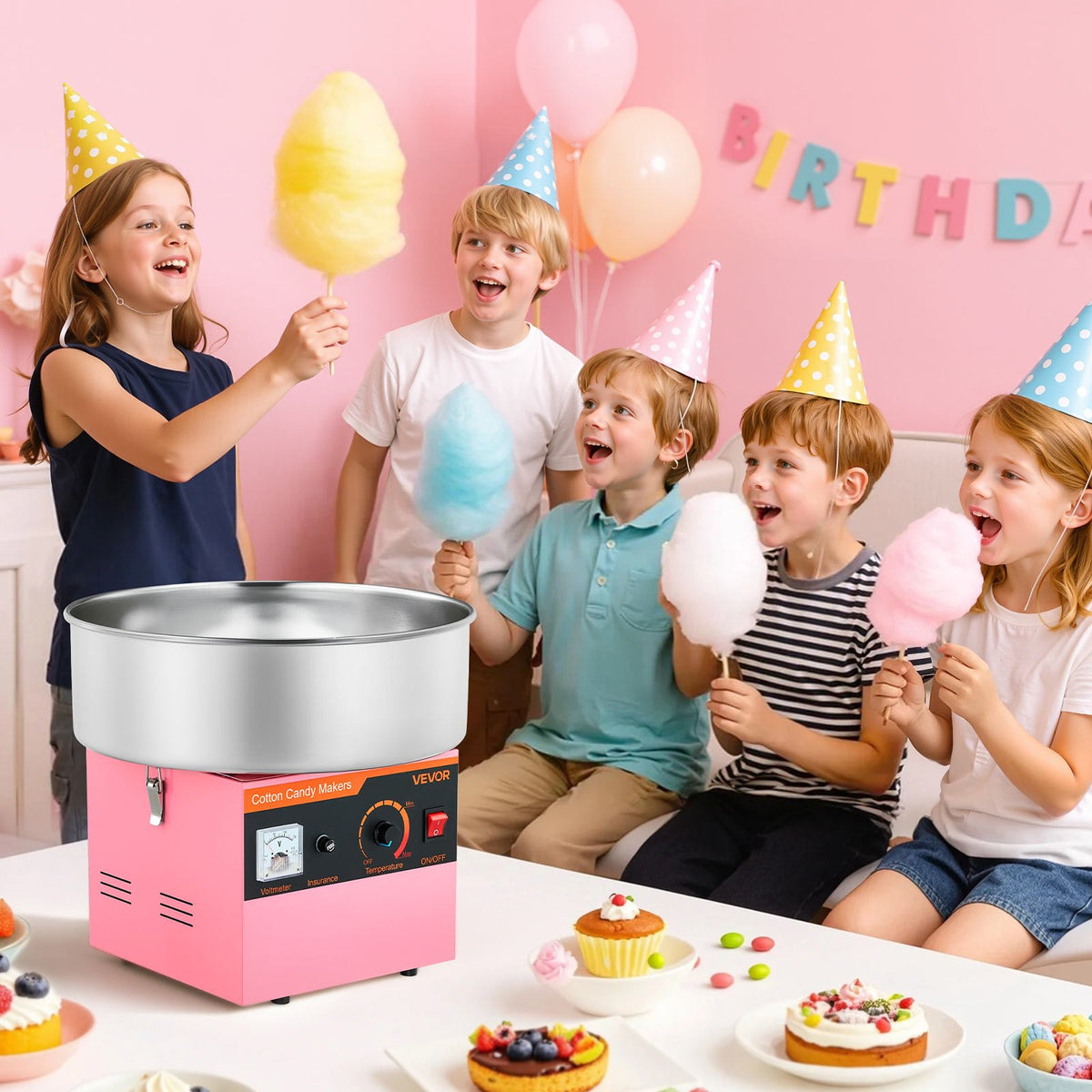 Dough Mixer 1000 W, Electric, with 38 cm Stainless Steel Bowl and Sugar Caster, Suitable for Commercial Use, Birthdays and Family Celebrations, Pink