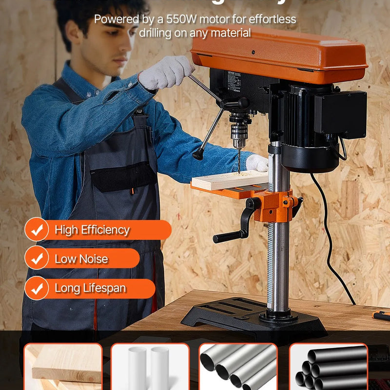 VEVOR galda urbjmašīna 254 mm, 550 W indukcijas motors, regulējams ātrums 550 / 950 / 1500 / 2000 / 2500 apgr./min, noliecams darba galds 0–45°, precīza X-Ray pozicionēšana koka un metāla urbšanai