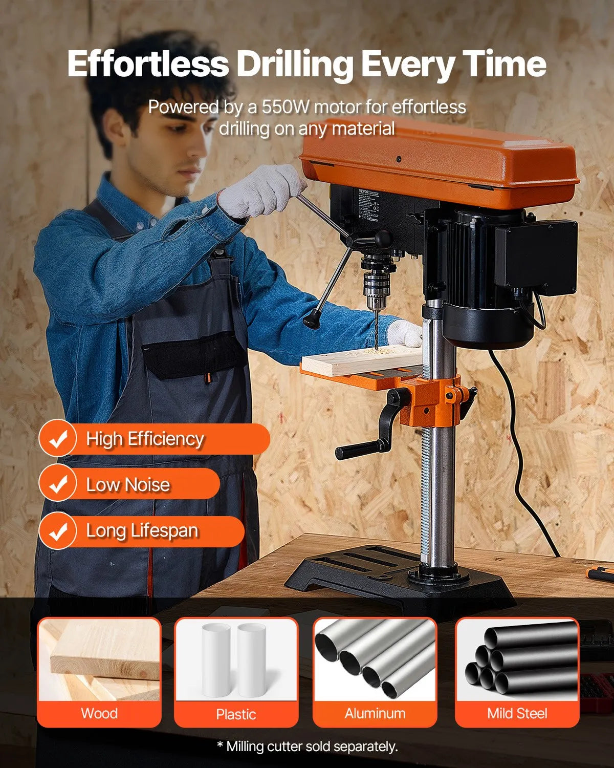 VEVOR Benchtop Drill Press 254 mm, 550 W Induction Motor, Variable Speed 550/950/1500/2000/2500 RPM, Tilting Work Table 0–45°, Precision X-Ray Positioning for Wood and Metal Drilling