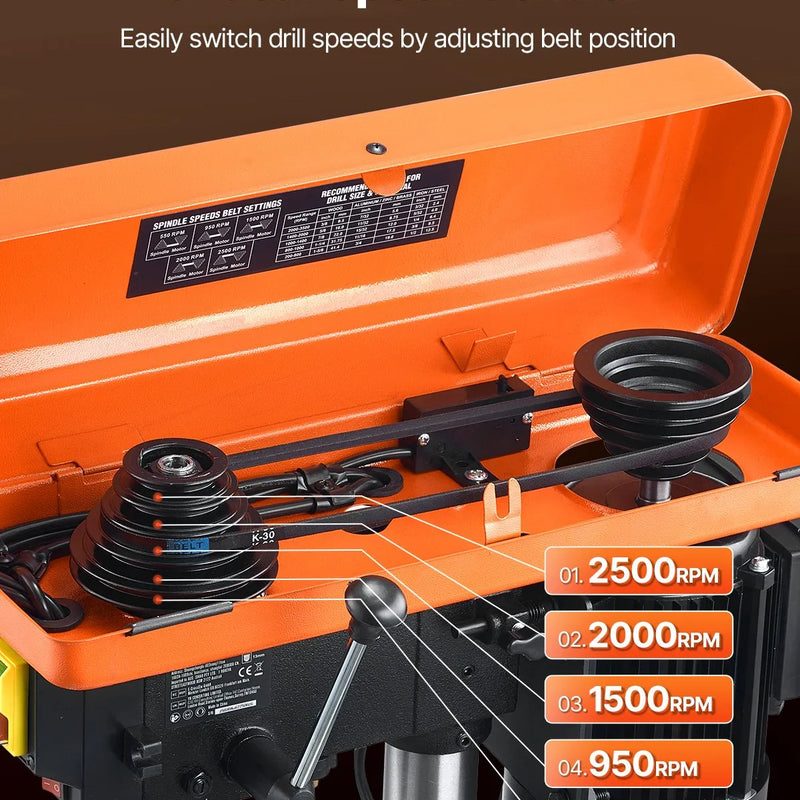 VEVOR galda urbjmašīna 254 mm, 550 W indukcijas motors, regulējams ātrums 550 / 950 / 1500 / 2000 / 2500 apgr./min, noliecams darba galds 0–45°, precīza X-Ray pozicionēšana koka un metāla urbšanai