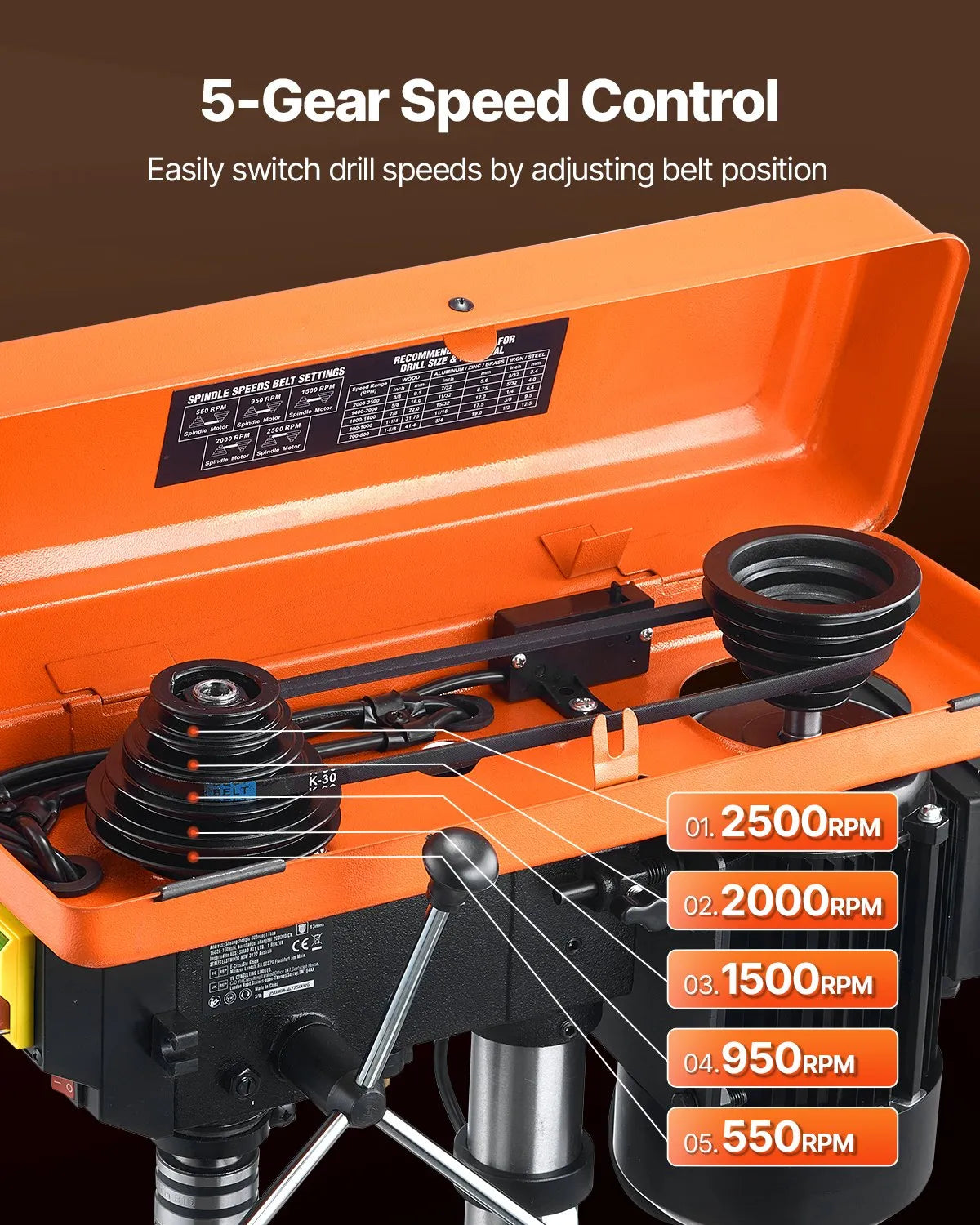 VEVOR Benchtop Drill Press 254 mm, 550 W Induction Motor, Variable Speed 550/950/1500/2000/2500 RPM, Tilting Work Table 0–45°, Precision X-Ray Positioning for Wood and Metal Drilling