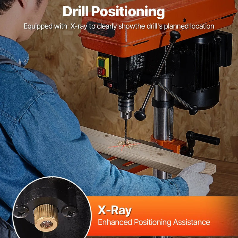 VEVOR galda urbjmašīna 254 mm, 550 W indukcijas motors, regulējams ātrums 550 / 950 / 1500 / 2000 / 2500 apgr./min, noliecams darba galds 0–45°, precīza X-Ray pozicionēšana koka un metāla urbšanai