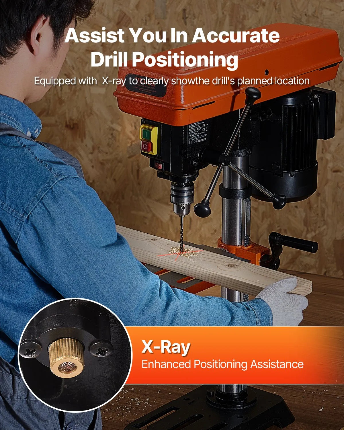 VEVOR Benchtop Drill Press 254 mm, 550 W Induction Motor, Variable Speed 550/950/1500/2000/2500 RPM, Tilting Work Table 0–45°, Precision X-Ray Positioning for Wood and Metal Drilling