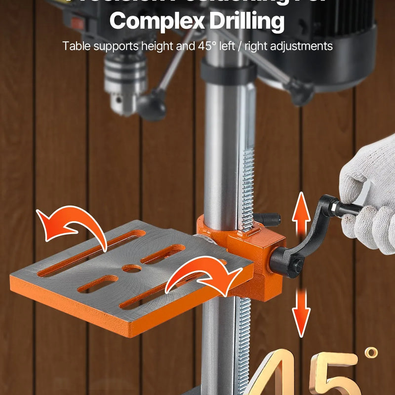 VEVOR galda urbjmašīna 254 mm, 550 W indukcijas motors, regulējams ātrums 550 / 950 / 1500 / 2000 / 2500 apgr./min, noliecams darba galds 0–45°, precīza X-Ray pozicionēšana koka un metāla urbšanai