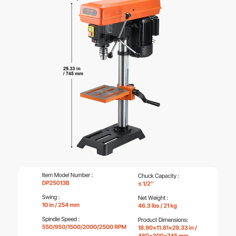 VEVOR galda urbjmašīna 254 mm, 550 W indukcijas motors, regulējams ātrums 550 / 950 / 1500 / 2000 / 2500 apgr./min, noliecams darba galds 0–45°, precīza X-Ray pozicionēšana koka un metāla urbšanai