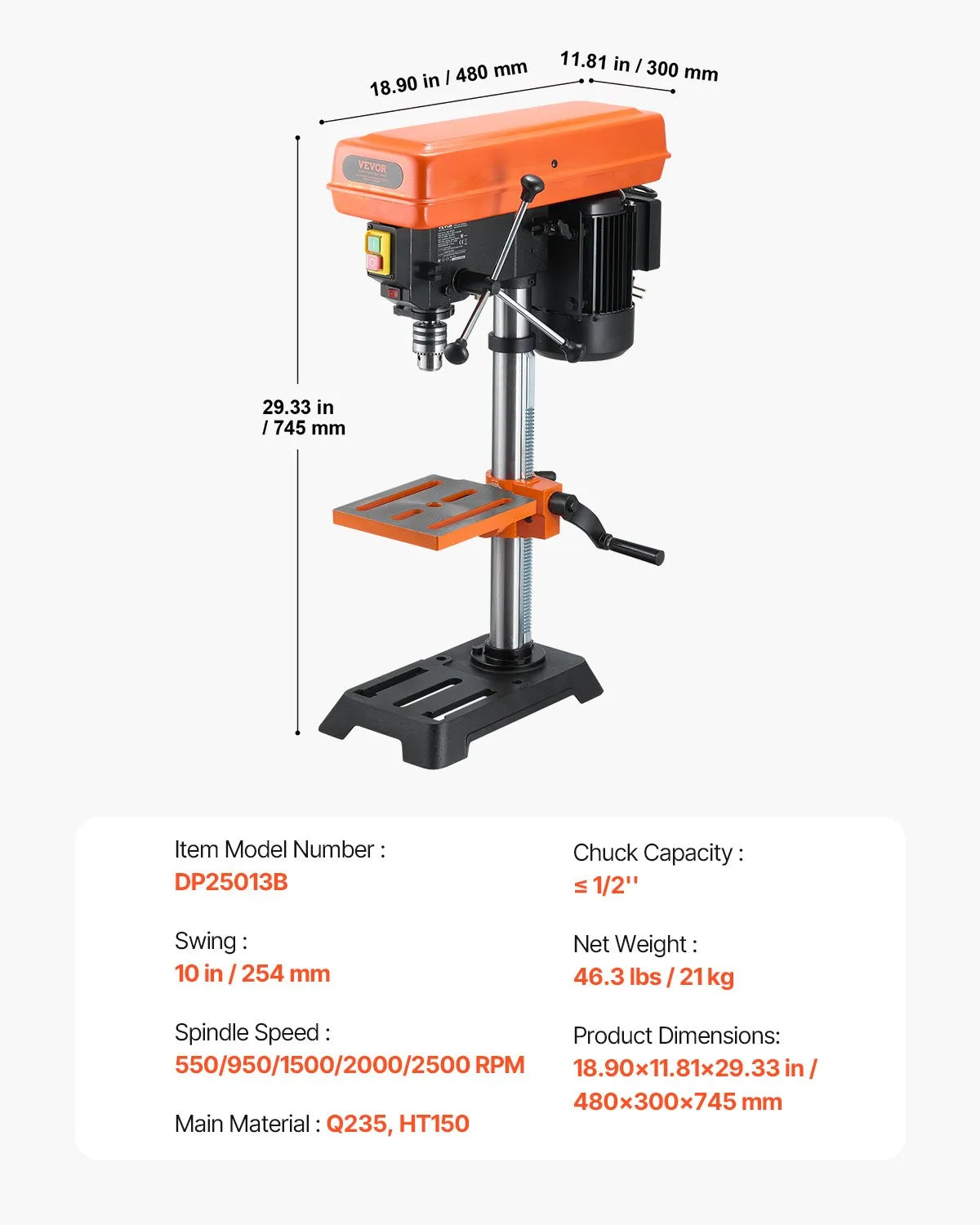 VEVOR Benchtop Drill Press 254 mm, 550 W Induction Motor, Variable Speed 550/950/1500/2000/2500 RPM, Tilting Work Table 0–45°, Precision X-Ray Positioning for Wood and Metal Drilling