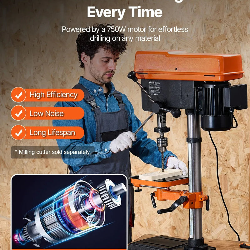 VEVOR galda urbjmašīna 304,8 mm, 750 W, regulējams ātrums 340–2200 apgr./min, noliecams darba galds 0–45°, LED darba apgaismojums, X-Ray pozicionēšana koka un metāla urbšanai