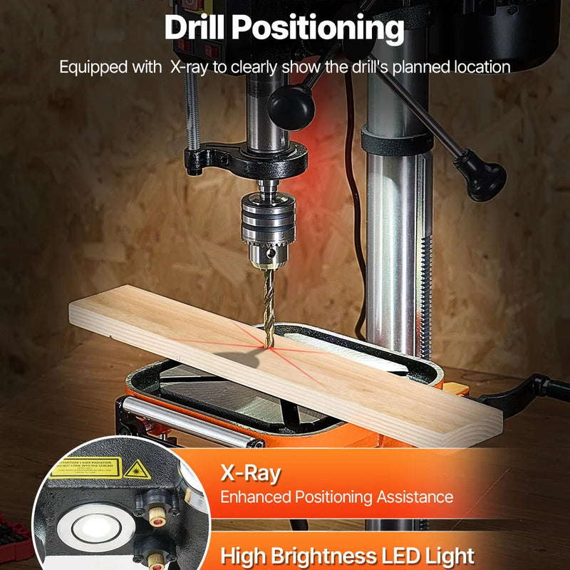 VEVOR galda urbjmašīna 304,8 mm, 750 W, regulējams ātrums 340–2200 apgr./min, noliecams darba galds 0–45°, LED darba apgaismojums, X-Ray pozicionēšana koka un metāla urbšanai