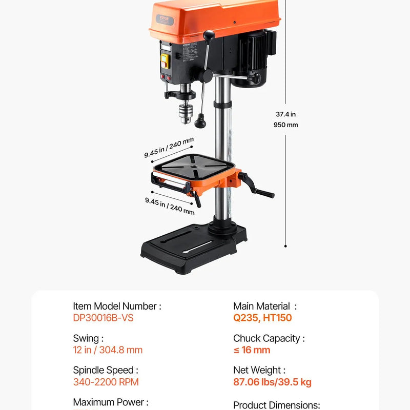 VEVOR galda urbjmašīna 304,8 mm, 750 W, regulējams ātrums 340–2200 apgr./min, noliecams darba galds 0–45°, LED darba apgaismojums, X-Ray pozicionēšana koka un metāla urbšanai