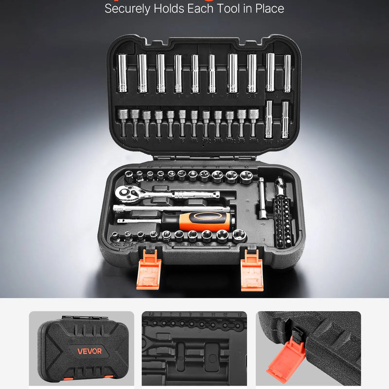 VEVOR 70 gab. uzgaļu un sprūdrata komplekts, 6,4 mm piedziņa, SAE un metriskie dziļie un seklie uzgaļi, Cr-V tērauds, ar bitēm, piederumiem un uzglabāšanas koferi, auto remontam