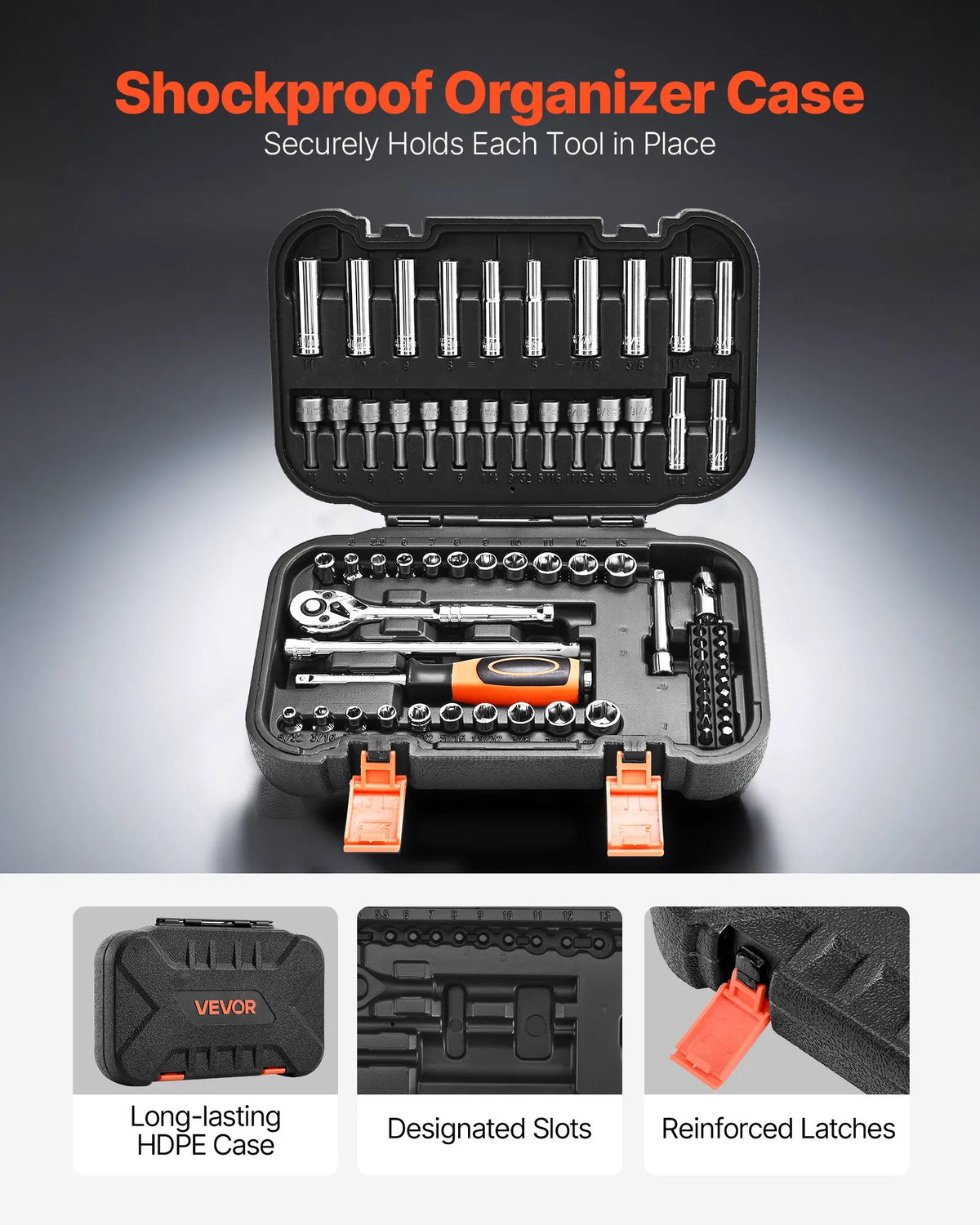 VEVOR 70-Piece Socket and Ratchet Set, 6.4 mm Drive, SAE and Metric Deep and Shallow Sockets, Cr-V Steel, with Bits, Accessories and Storage Case, Auto Repair