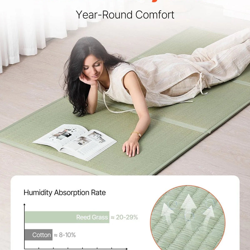 VEVOR salokāms japāņu tatami matracis Twin izmērs no dabīgas niedru zāles ar neslīdošu pamatni un svaigu aromātu, futona matracis gulēšanai, meditācijai un jogai - ZEMLETES.LV