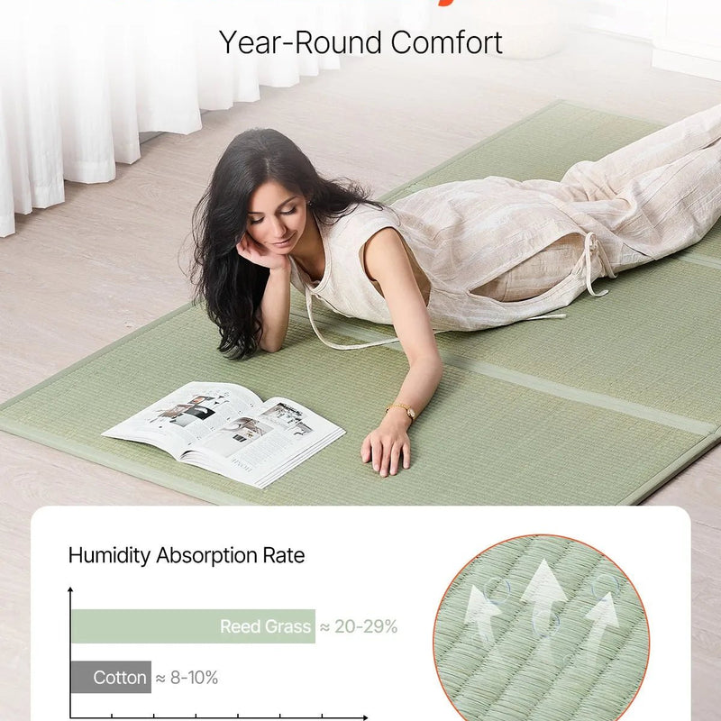VEVOR salokāms japāņu tatami matracis Queen izmērs no dabīgas niedru zāles ar neslīdošu pamatni un svaigu aromātu, futona matracis gulēšanai, meditācijai un jogai - ZEMLETES.LV
