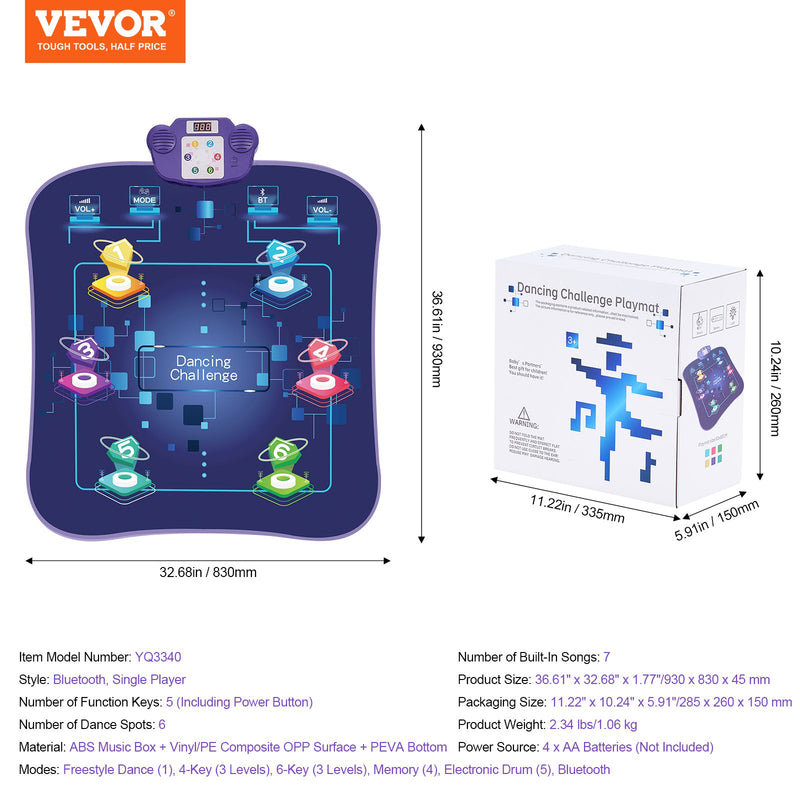 VEVOR Deju Paklājs Bērniem ar Bluetooth, Dāvana Meitenēm 3+