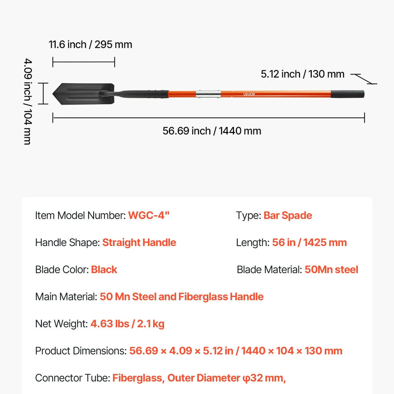 Tranšeju lāpsta 10,4 cm smagā darba asmens ar stiklašķiedras kātu un neslīdošu rokturi 142,5 cm