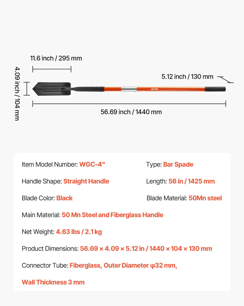 Tranšeju lāpsta 10,4 cm smagā darba asmens ar stiklašķiedras kātu un neslīdošu rokturi 142,5 cm