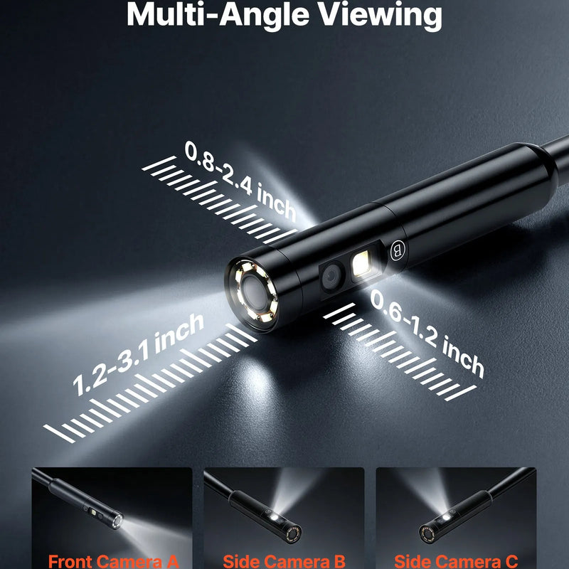 VEVOR trīskāršās kameras endoskops ar 10 m īpaši stingru kabeli, industriālais boreskops ar apgaismojumu, 12,7 cm HD IPS ekrāns, 8 + 2 LED gaismas, 8× tālummaiņa, 5000 mAh akumulators un IP67 ūdensizturība auto diagnostikai un cauruļvadu pārbaudei