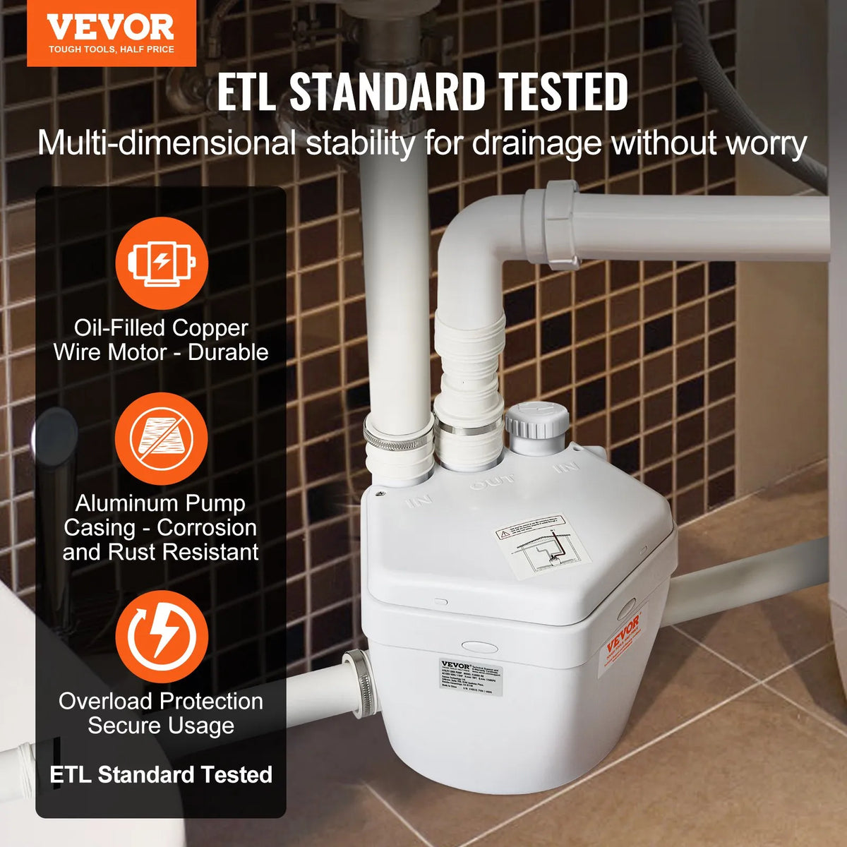 VEVOR Household Sink Drainage Pump System 200 W, Flow Rate up to 5700 l/h, Lift Height 5.5 m, 38 mm Outlet, Low Noise and Corrosion Resistant Pump for Villas, Basements, Washing Machines, Sinks and Bars