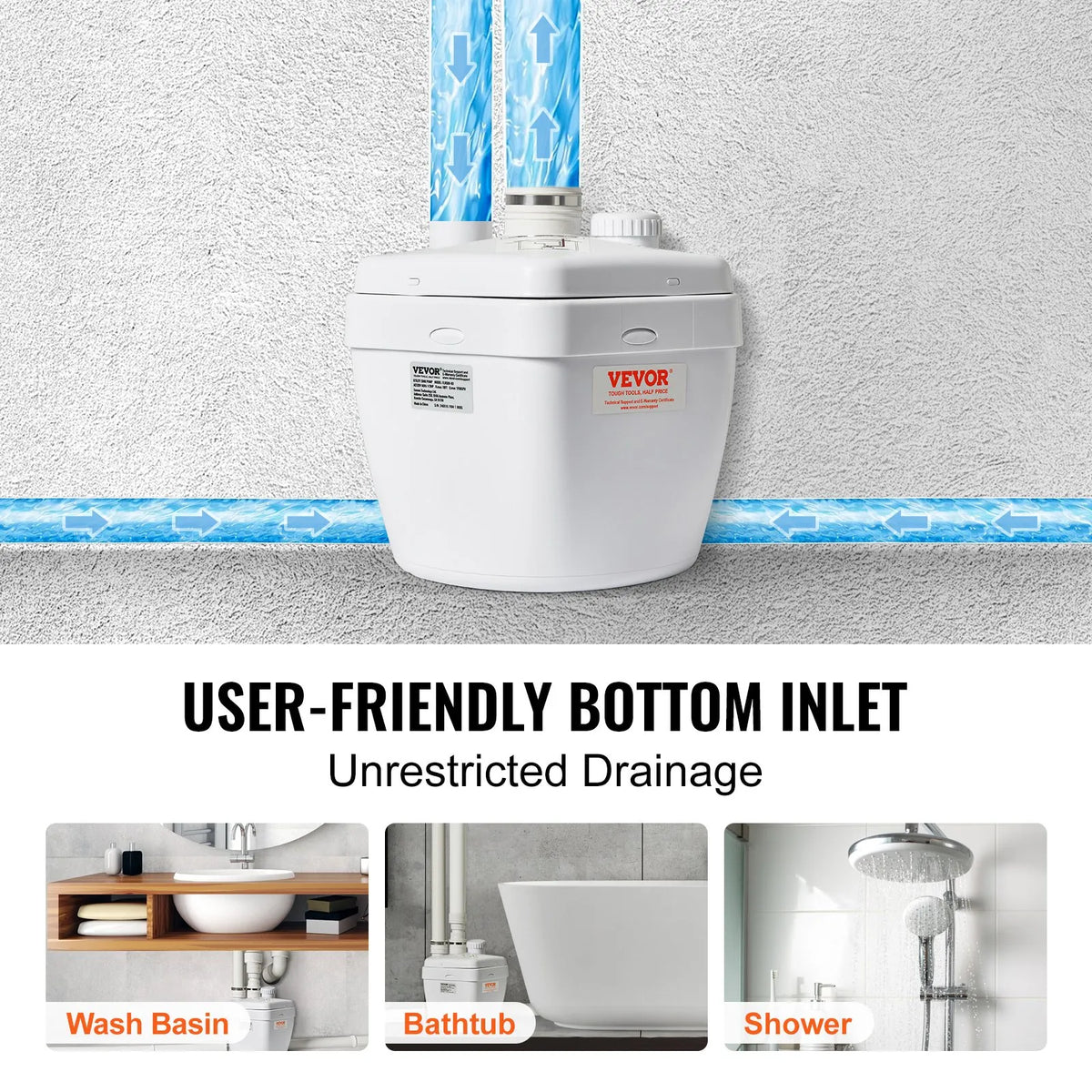 VEVOR Household Sink Drainage Pump System 200 W, Flow Rate up to 5700 l/h, Lift Height 5.5 m, 38 mm Outlet, Low Noise and Corrosion Resistant Pump for Villas, Basements, Washing Machines, Sinks and Bars