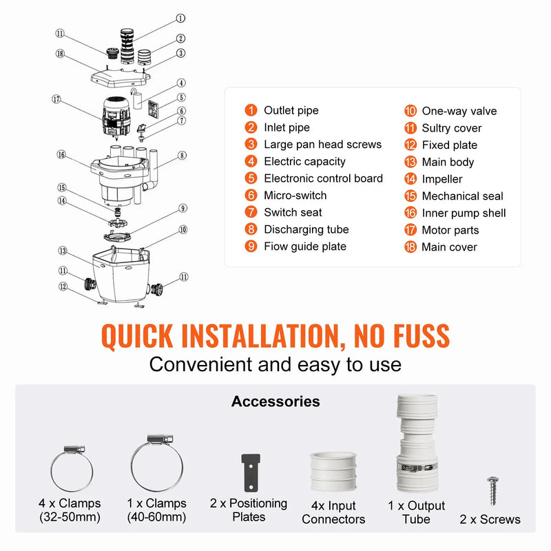VEVOR saimniecības izlietnes drenāžas sūkņa sistēma 200 W, plūsma līdz 5700 l/h, pacelšanas augstums 5,5 m, 38 mm izplūde, zema trokšņa līmeņa un pret koroziju izturīgs sūknis villām, pagrabiem, veļas mašīnām, izlietnēm un bāriem