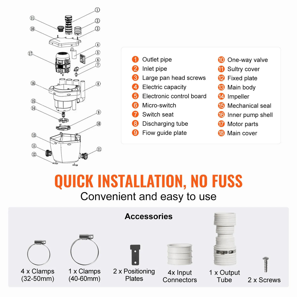 VEVOR Household Sink Drainage Pump System 200 W, Flow Rate up to 5700 l/h, Lift Height 5.5 m, 38 mm Outlet, Low Noise and Corrosion Resistant Pump for Villas, Basements, Washing Machines, Sinks and Bars