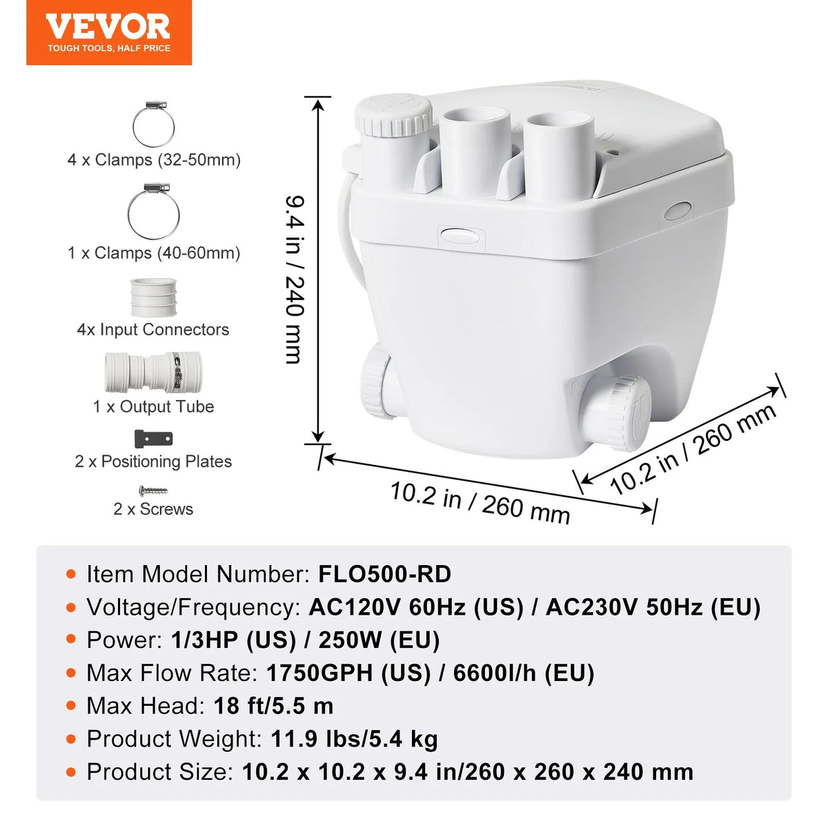 VEVOR Household Sink Drainage Pump System 200 W, Flow Rate up to 5700 l/h, Lift Height 5.5 m, 38 mm Outlet, Low Noise and Corrosion Resistant Pump for Villas, Basements, Washing Machines, Sinks and Bars