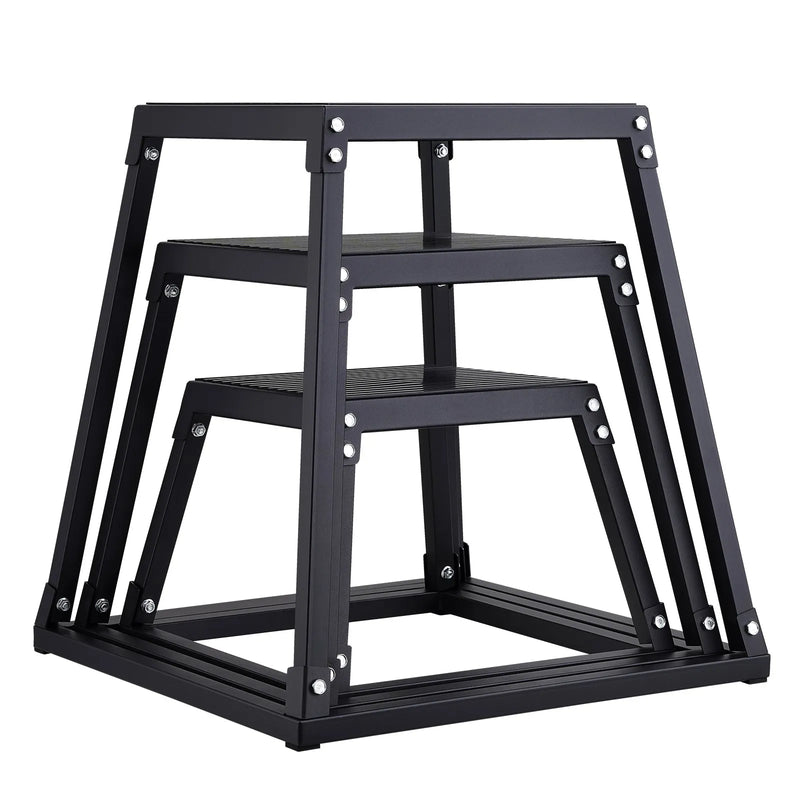 Preces nosaukums latviešu valodā (atbilstoši prasībām): Plyometrisko lēcienu kastu komplekts 30/46/61 cm, tērauda neslīdošas platformas mājas treniņiem, melnas