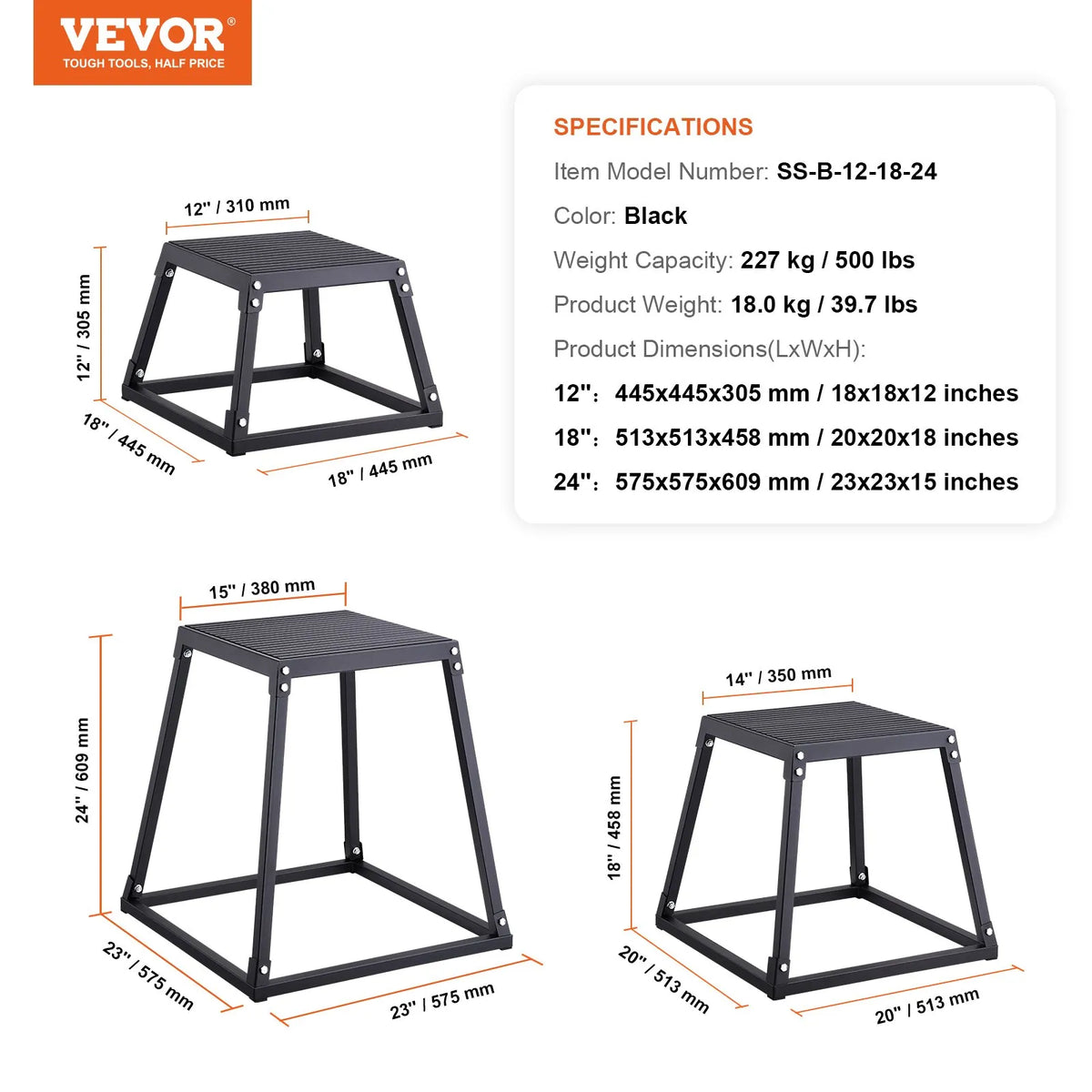 VEVOR Plyometric Jump Box Set 30/46/61 cm, Steel, Black