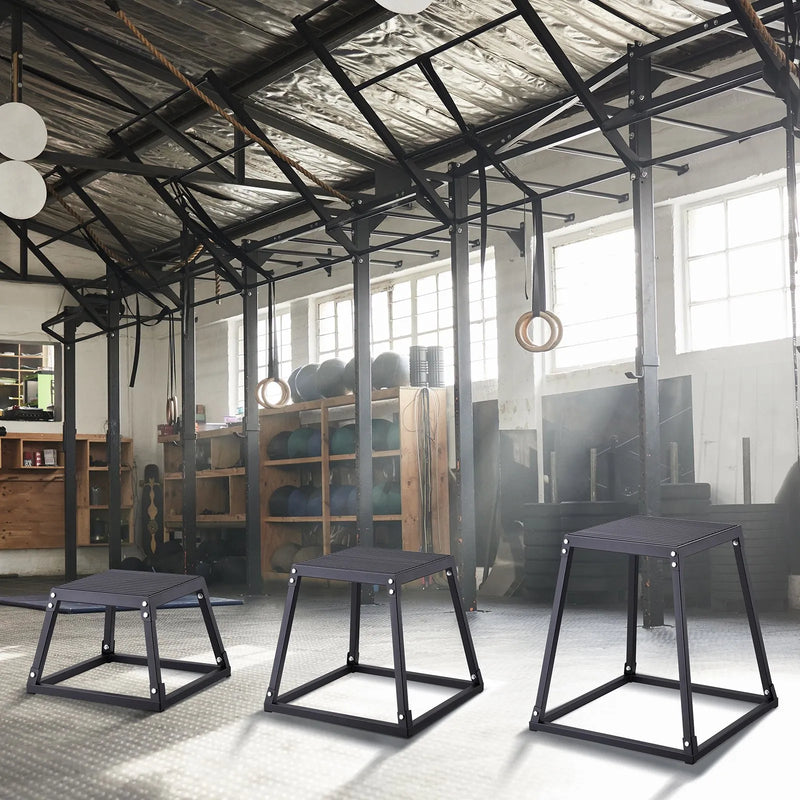 Preces nosaukums latviešu valodā (atbilstoši prasībām): Plyometrisko lēcienu kastu komplekts 30/46/61 cm, tērauda neslīdošas platformas mājas treniņiem, melnas