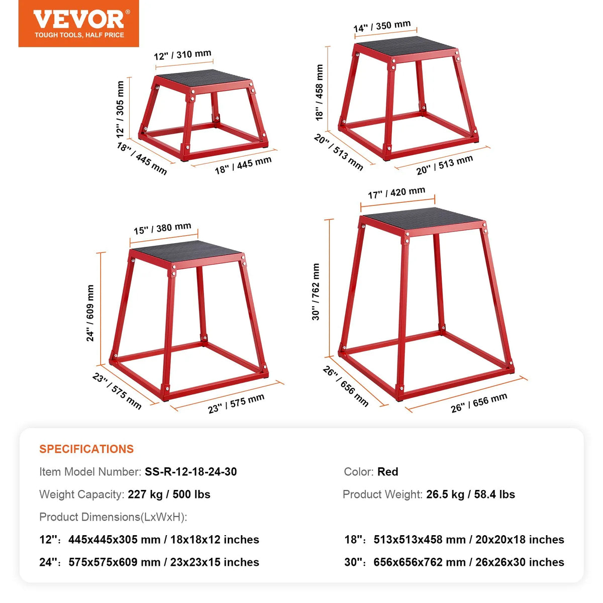 VEVOR plüomeetriliste hüppekastide komplekt 30/46/61/76 cm, teras, punane
