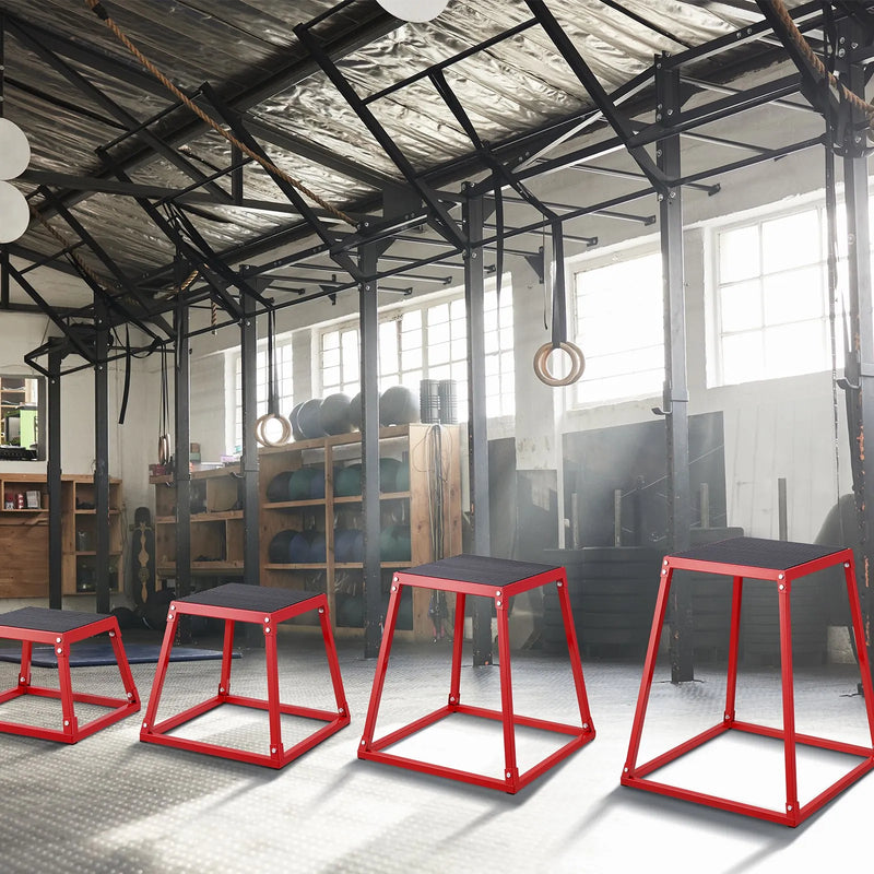 Plyometrisko lēcienu kastu komplekts 30/46/61/76 cm, tērauda neslīdošas platformas mājas treniņiem, sarkanas