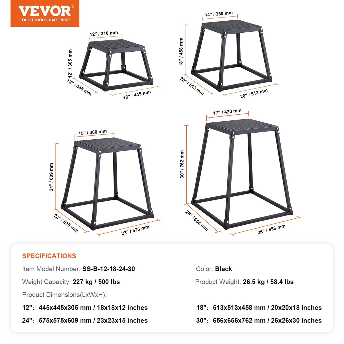 VEVOR Plyometric Jump Box Set 30/46/61/76 cm with Non-Slip Surface, Black