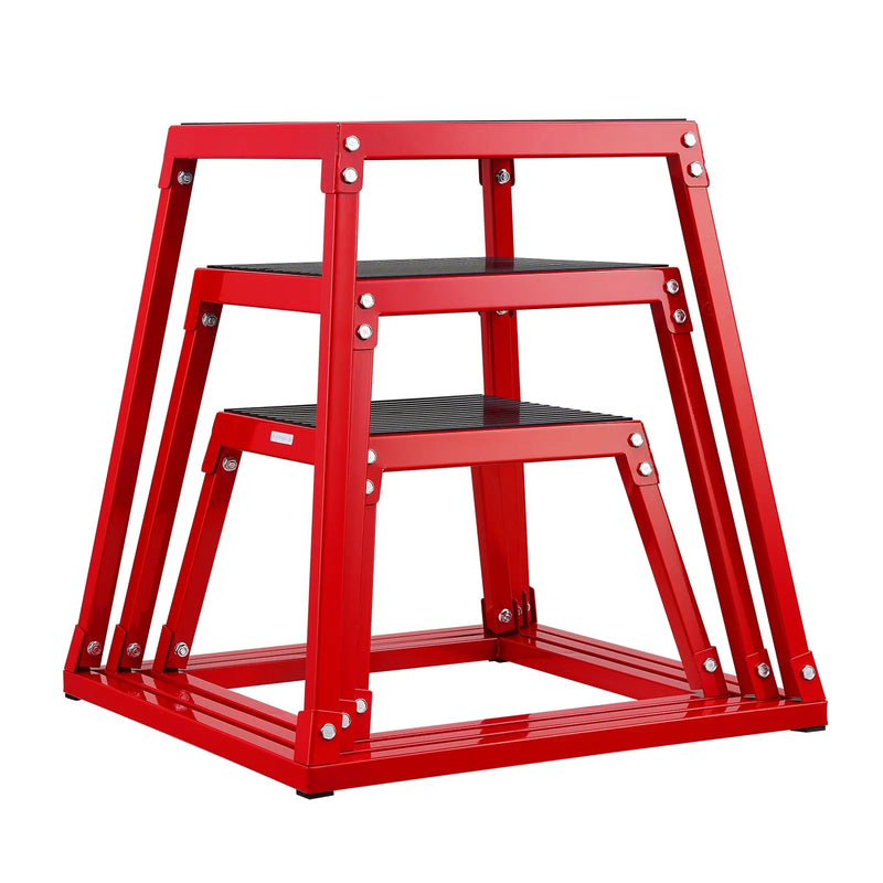 Plyometrisko lēcienu kastu komplekts 30/46/61 cm, tērauda neslīdošas platformas mājas treniņiem, sarkanas