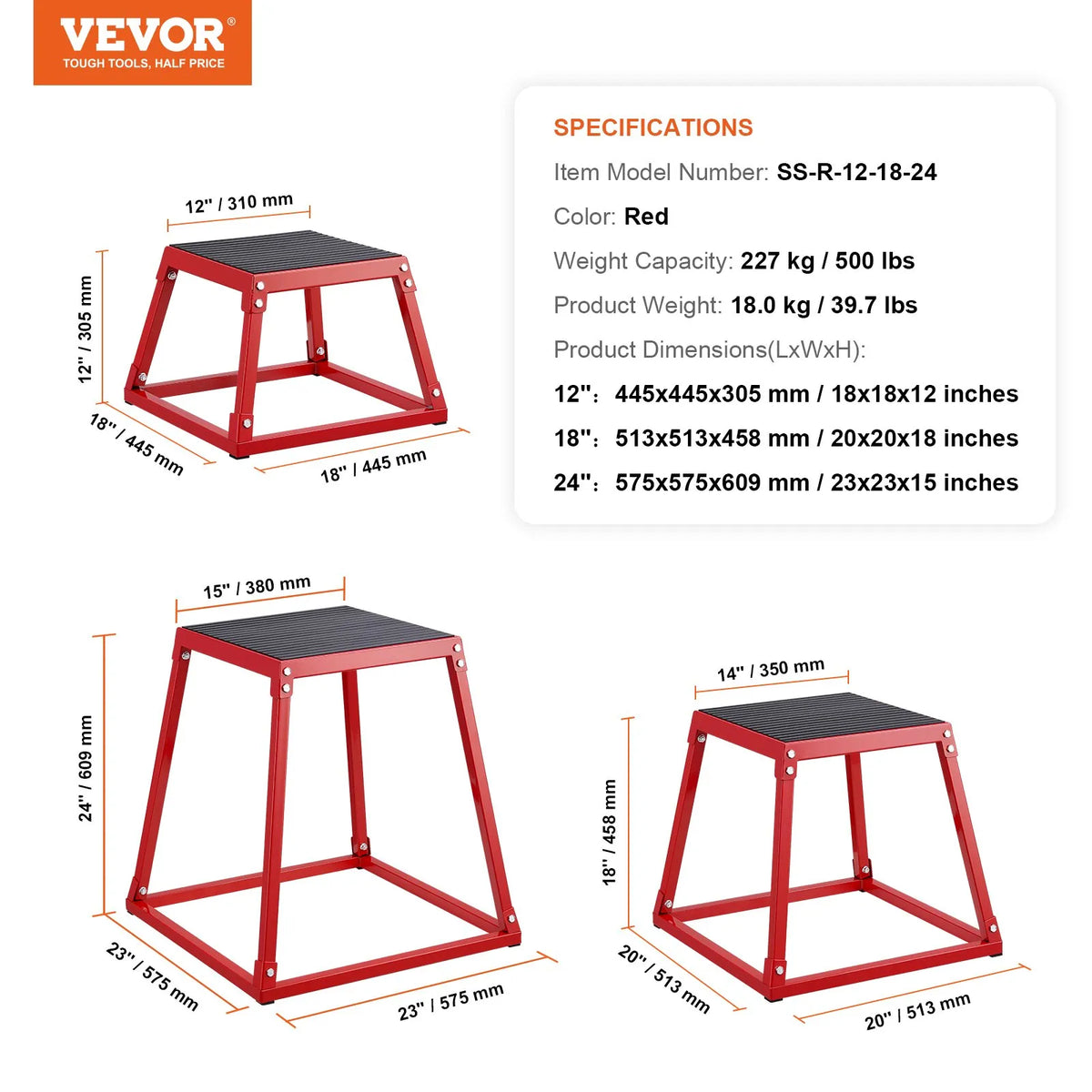 VEVOR Plyometric Jump Box Set 30/46/61 cm, Steel, Red