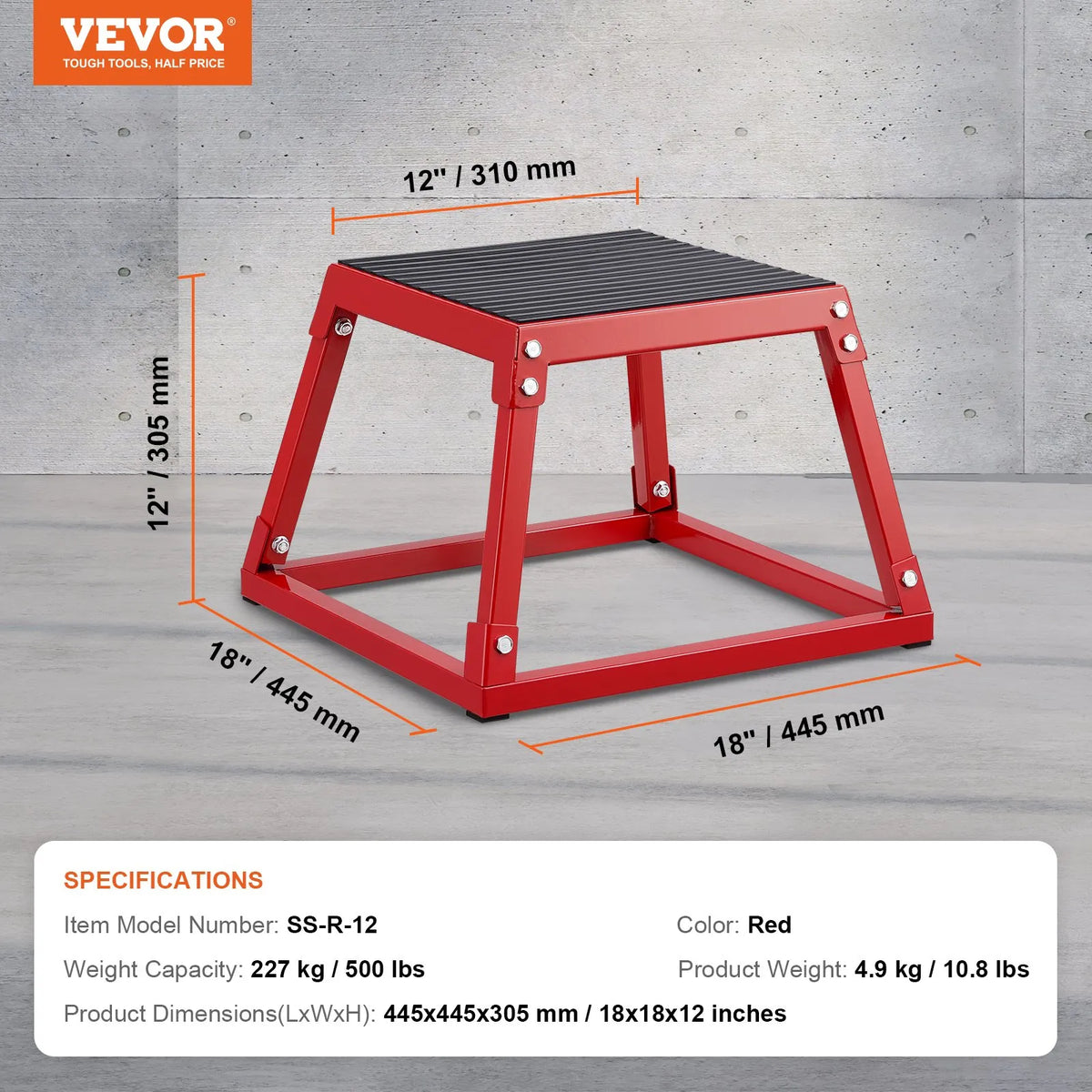 VEVOR Plyometric Jump Box 30 cm, Steel, Non-Slip Surface, Red