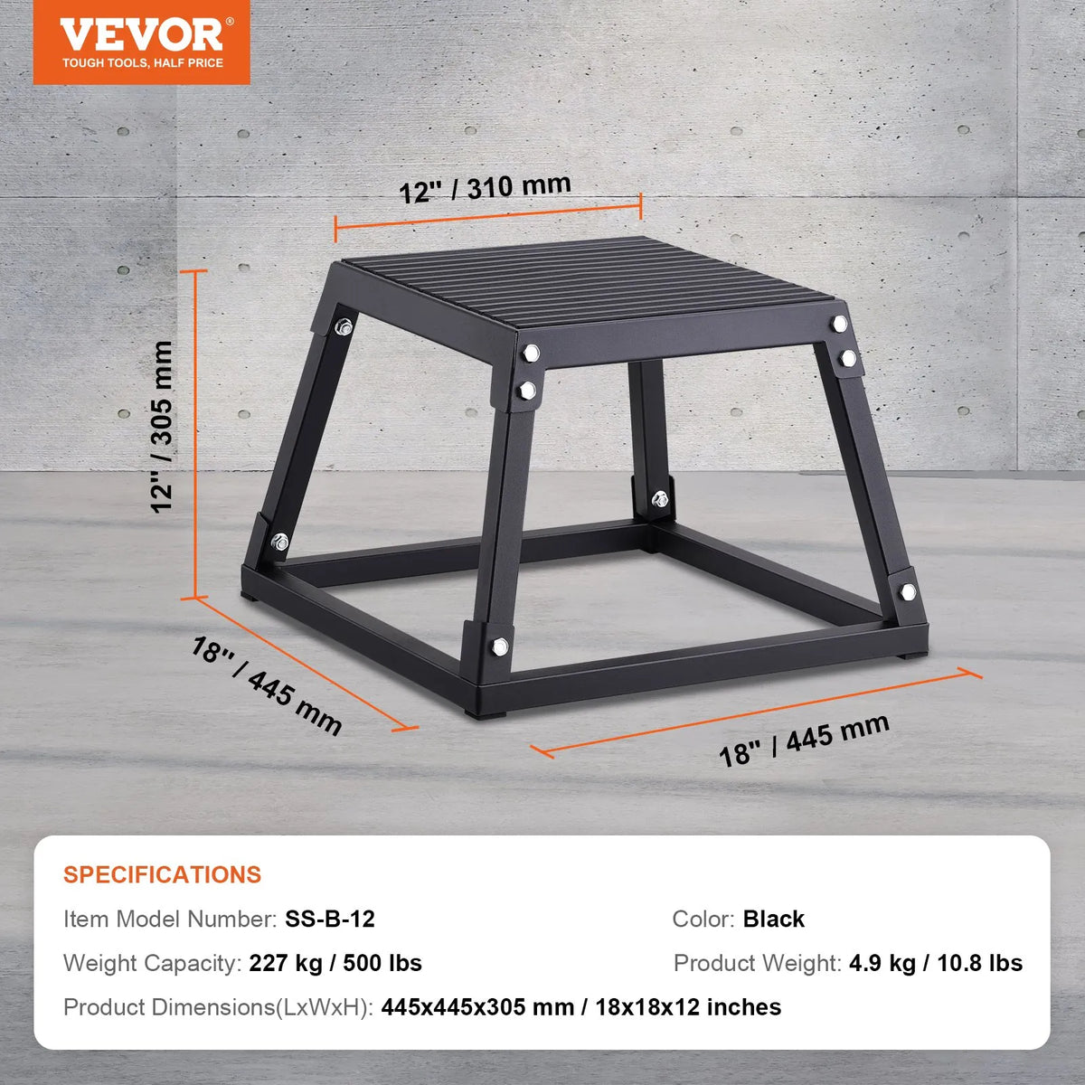 VEVOR Plyometric Jump Box 30 cm, Steel, Non-Slip Surface, Black