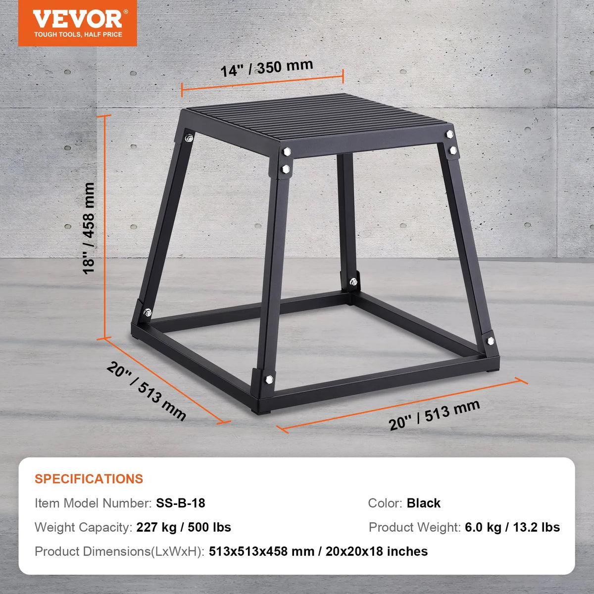 VEVOR plüomeetriline hüppekast 45 cm, teras, libisemiskindla pinnaga, must